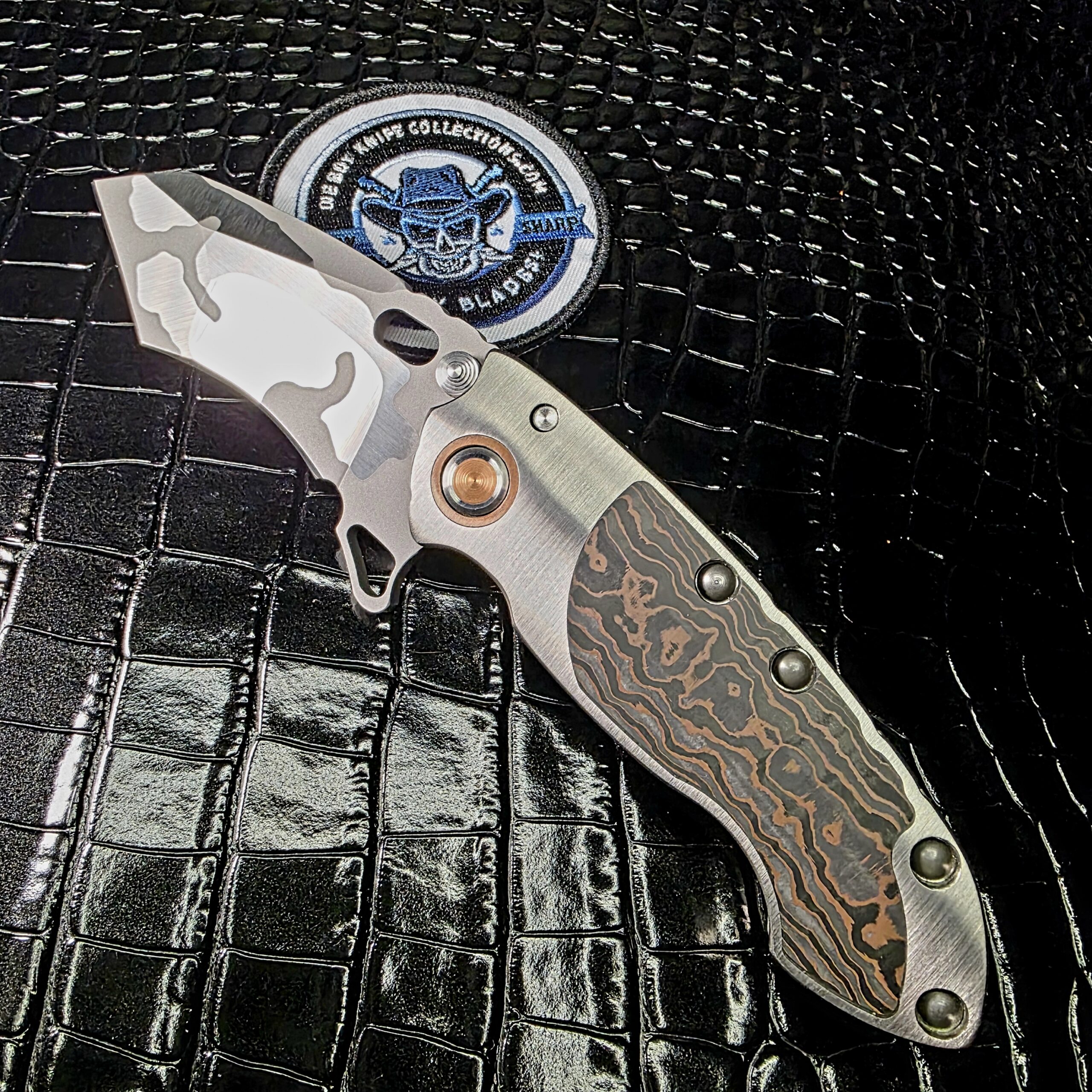 Direware Solo Custom Knife – Modified Classic – CPM-20CV Tanto Recurve Flipper – Titanium w/ Camo Carbon Copper Inlays – Many Custom Upgrades